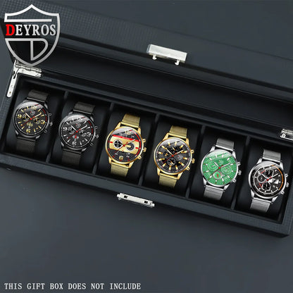 DEYROS Luxury 1/6 Pcs/ Set Men's Watch Set Quartz Outdoor Mesh Alloy Strap Trendy Style Men's Watches Gift Ideas