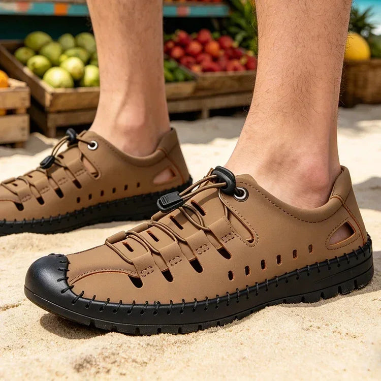 Men's Summer New Hollow out Breathable Leather Sandals Outdoor Anti-Slip Soft Bottom Casual Cover Toe Slip-On Shoes-8025