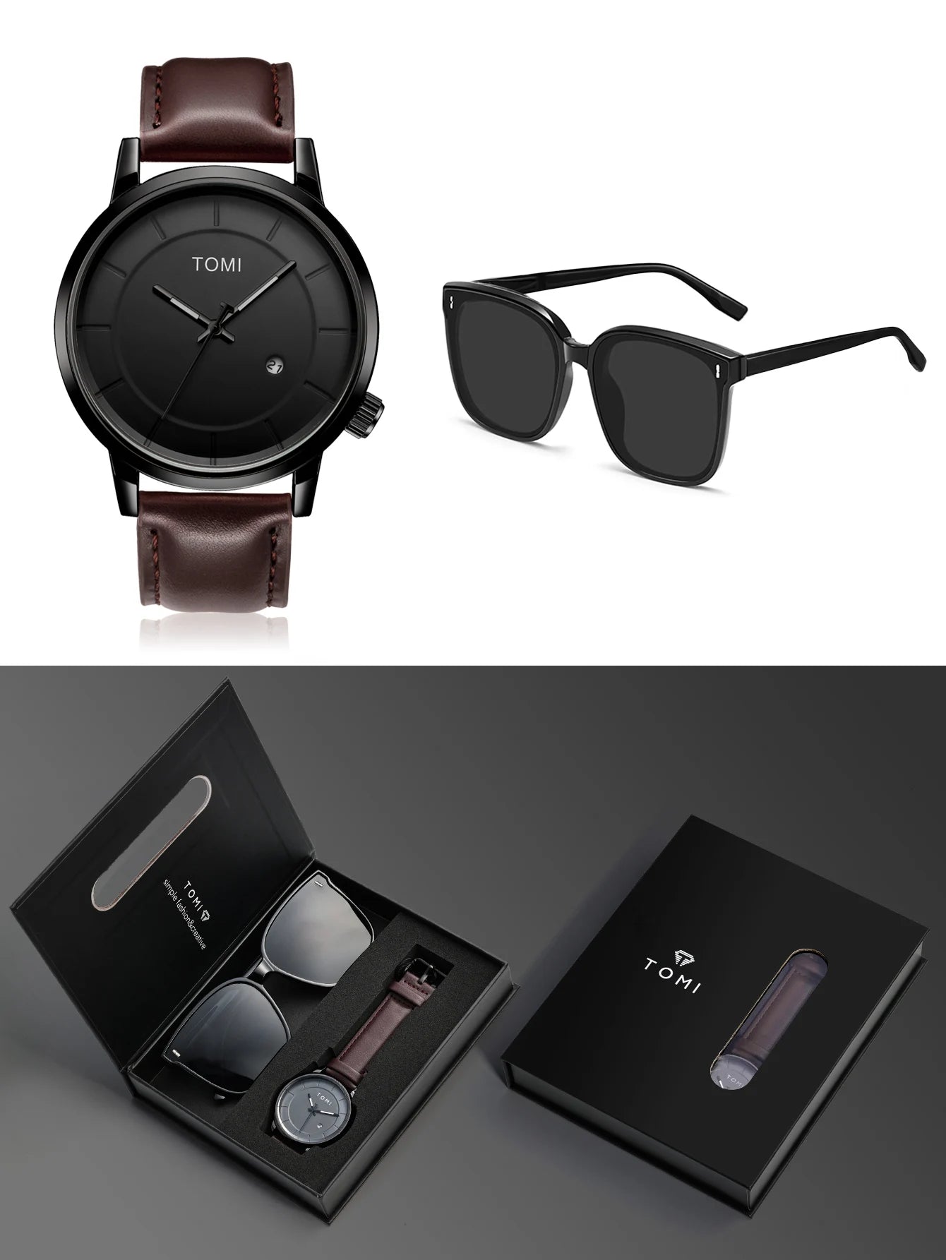 TOMI New 2PCS Casual Fashion Men Watch Gift Box Set Luxury Round Large Dial Calendar Men Quartz Watch Glasses Gift Box
