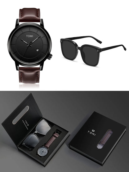 TOMI New 2PCS Casual Fashion Men Watch Gift Box Set Luxury Round Large Dial Calendar Men Quartz Watch Glasses Gift Box