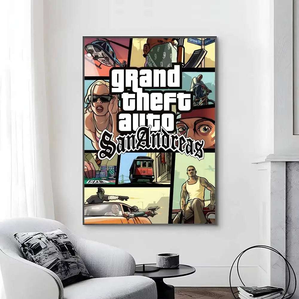 Game Grand T Auto posters Self-adhesive Paper Print Home Living Room Bedroom Entrance Bar Cafe Art