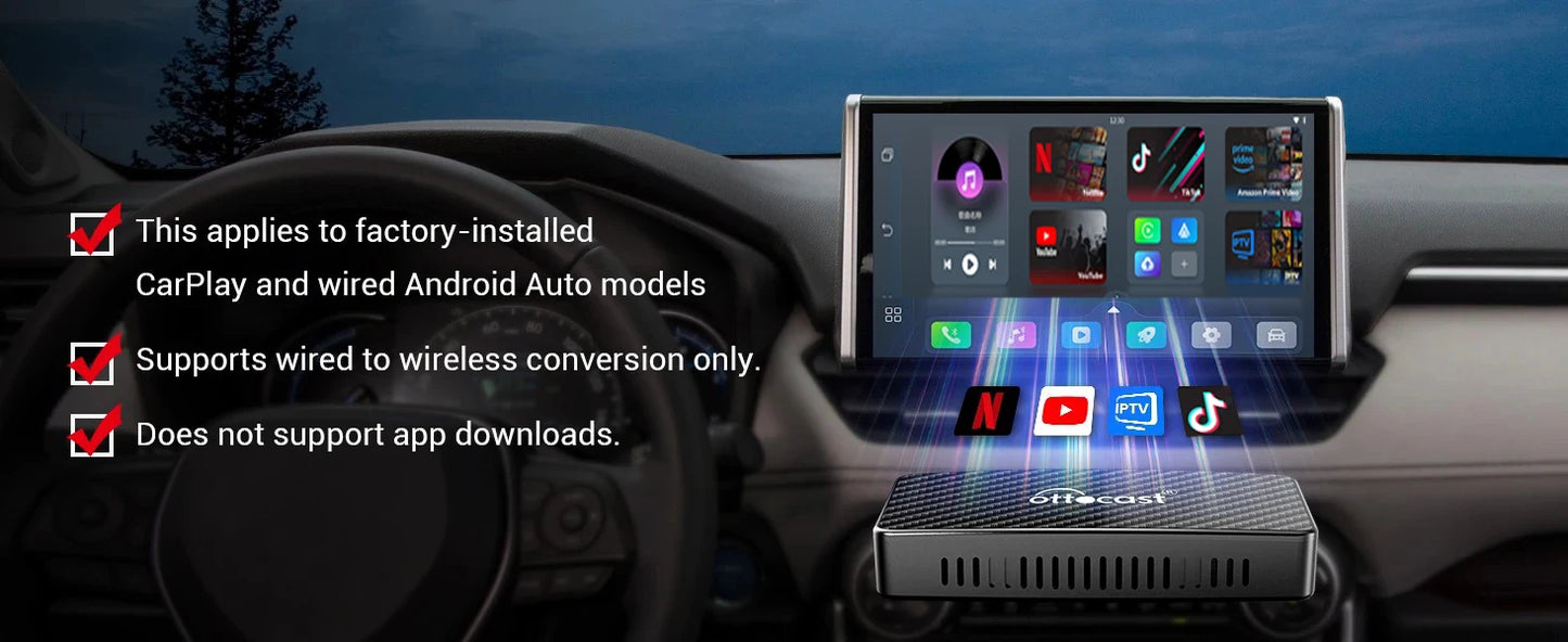 OTTOCAST Play2Video Pro Android Ai Box Pro Built in YouTube Netflix Tiktok IPTV Wired to Wireless CarPlay Car Accessories
