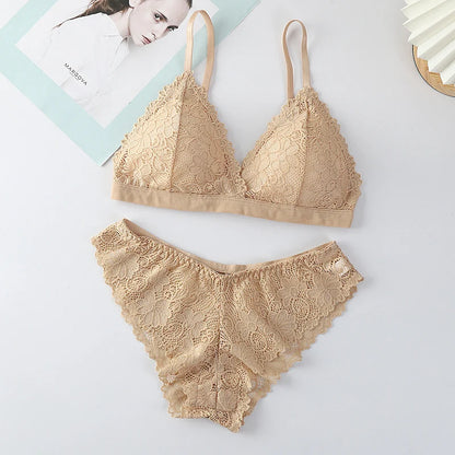 Women Lace Bra And Panties Set V-neck Push Up Bralette Sexy Lingerie Low Waist Briefs Female Non-wire Brassiere Underwear Set