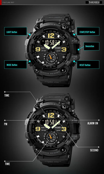 Skmei Dual Movement 3 Time Sport Wristwatch Mens Waterproof Electronic Watches Montre Homme Shockproof Digital Men Watch 1637
