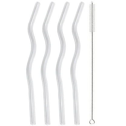 4pcs 200*8mm Glass Straws Wavy Colorful Drinking Straw Set with Brush High Borosilicate Glass Straw Kitchen Party Bar Drinkware