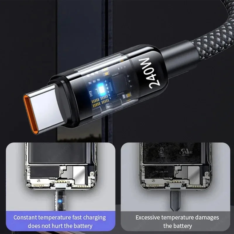 0.25/1/1.5/2M 240W Nylon USB C PD Super Fast Charging Data Cable with LED Digital Display USB To Type C Quick Charge Data Cords