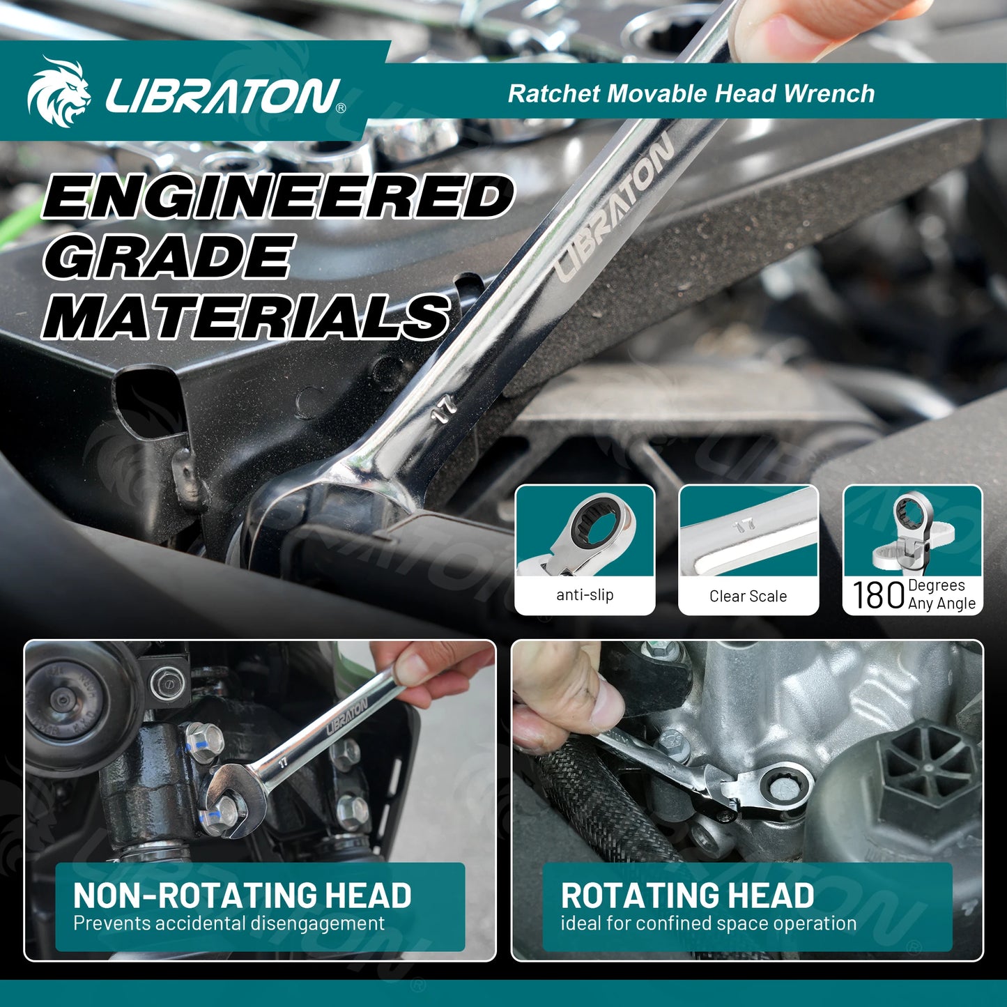 LIBRATON1pc Ratchet Wrench 6mm-19mm, Ratcheting Flexible Head Wrench Set, Reversible Spanner Hand Tool, 72-Tooth Allen Wrench