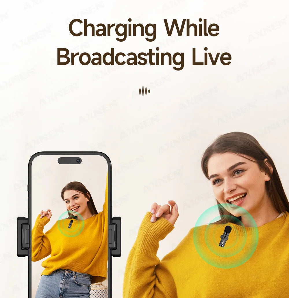 2-in-1 Wireless Lavalier Microphone for iPhone Android, Mini Pro Lapel Mic with Noise Reduction & Pickup for Vlog Live Recording