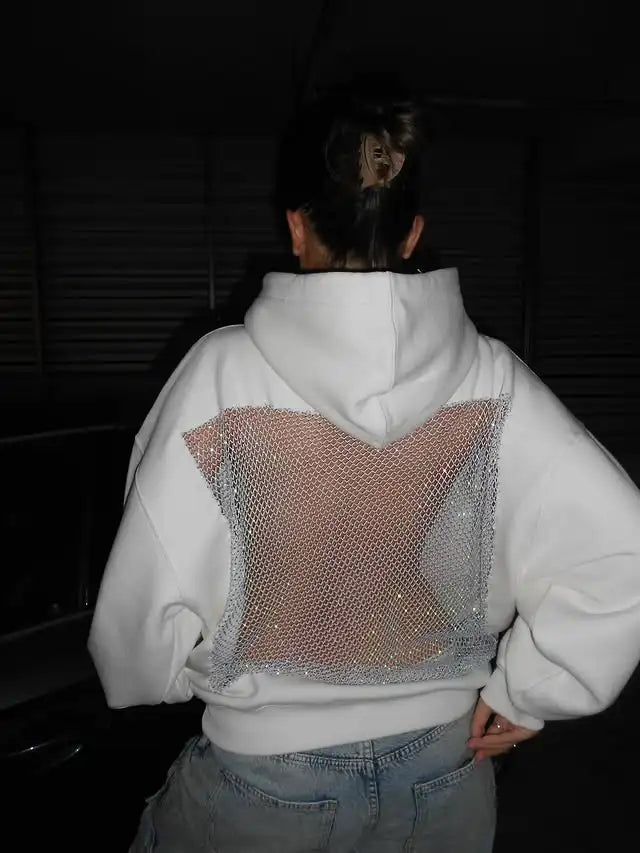 Harajuku Gothic Sexy Backless Hoodie Y2K Clothes Womens Rhinestone Sparkling Mesh Design Oversized Hoodie Pullover Tops