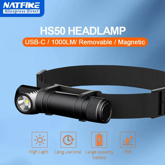 Latarka czołowa NATFIRE HS50 akumulatorowa 3400mAh czołówka 1000LM LED USB C magnetyczna do pracy kempingowa