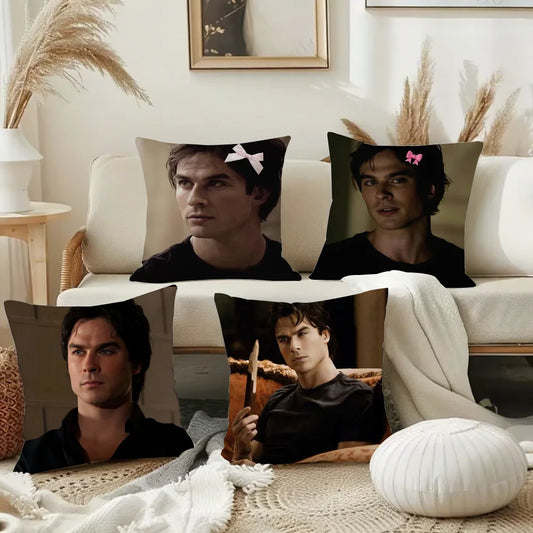 Damon Salvatore The Vampire Diaries Pillow Case Square Double-Sided Printing Short Plush Sofa Cushion Cover Bedroom