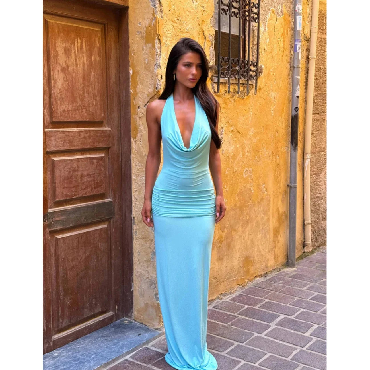 Summer Women's V-Neck Long Dresses Fashion High-Waisted Sexy Backless Sleeveless Solid Bodycon Gown Elegant Evening Party Outfit