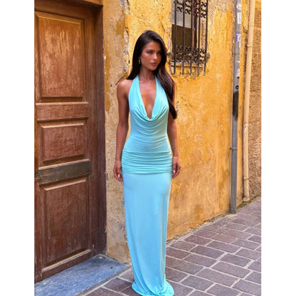 Summer Women's V-Neck Long Dresses Fashion High-Waisted Sexy Backless Sleeveless Solid Bodycon Gown Elegant Evening Party Outfit