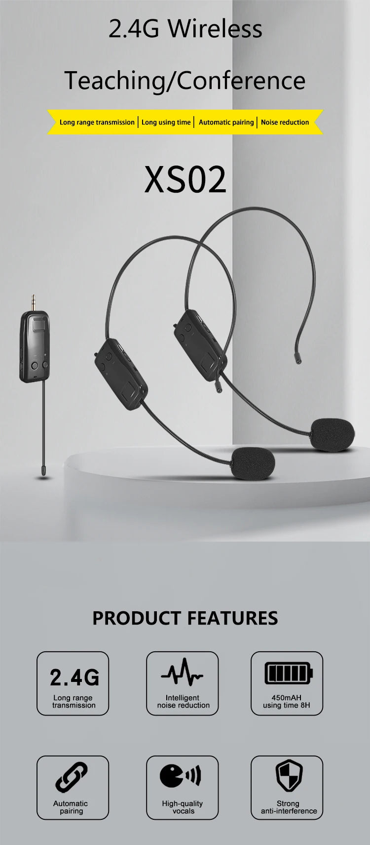2.4G Head-mounted Wireless Lavalier Microphone Set Transmitter with Receiver for Amplifier Voice Speaker Teaching Tour Guide