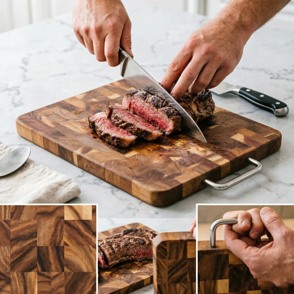 Large Acacia Wood Cutting Board, Checkerboard End Grain Butcher Block, Thick Reversible Wooden Chopping Board with Metal Handle
