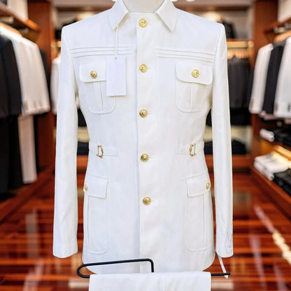 Safari Suits for Men with Stand Collar 2 Pieces Single Breasted Wedding Suit Gold Buttons Formal Casual Groom Prom Wear