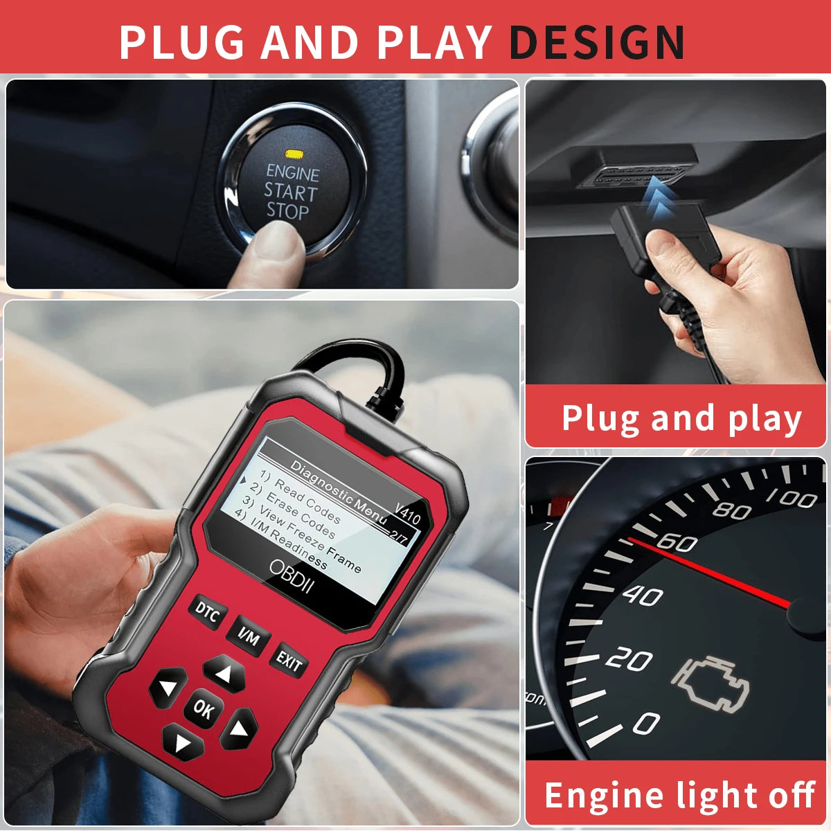 V410 OBD2 Scanner Diagnostic Tool for Cars and Trucks Since 1996+, Data Stream, I/M Readiness, Voltage Test