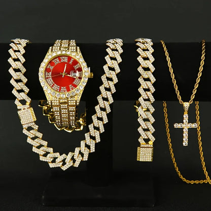 4PCS Luxury Rhinestone Men Quartz Watch Hip-pop Jewelry Set Fashion Roma Dial Calendar Quartz Wristwatch（Without Box）