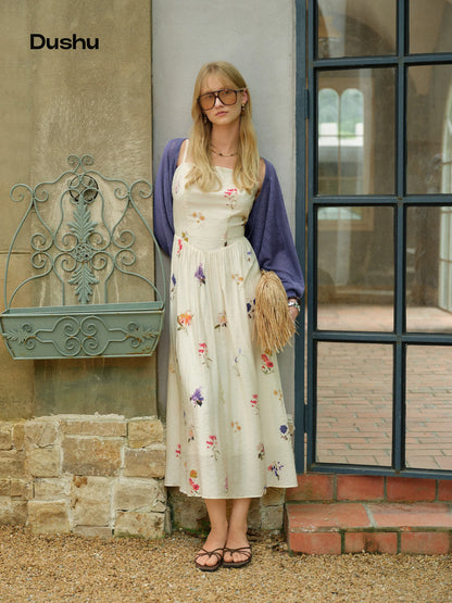 DUSHU French Floral Slip Dress Textured Plant Print Square Neck Midi Dress A-Line Waist Slimming Casual Dress Women Apricot