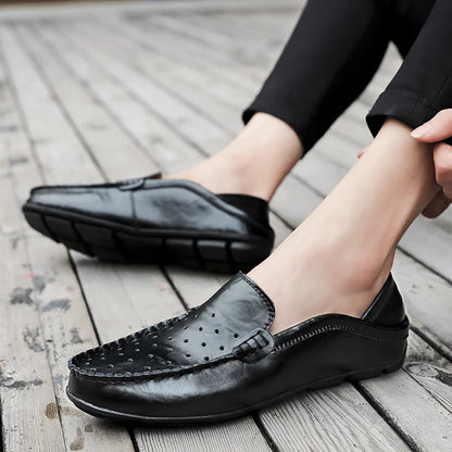 Men's Driving Shoes Large Size Loafers Hollow out Casual Bean Bean Shoes Leather Slip-On Footwear for Men