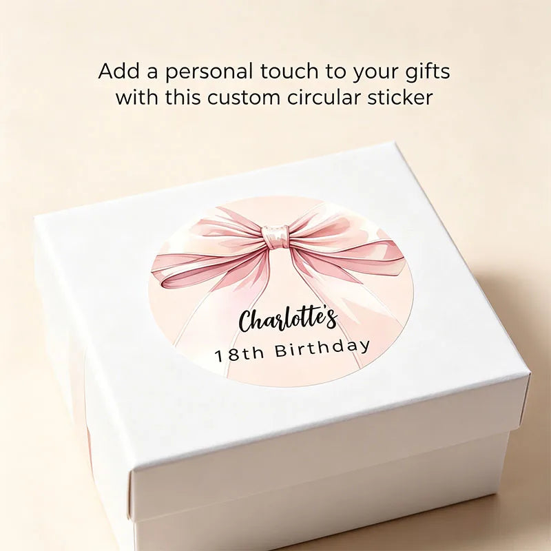 Pastel Pink Base Large Satin Bow Stickers Personalized Name Variety Sizes AvailableElegant Round Labels Gift Box Decor Stickers