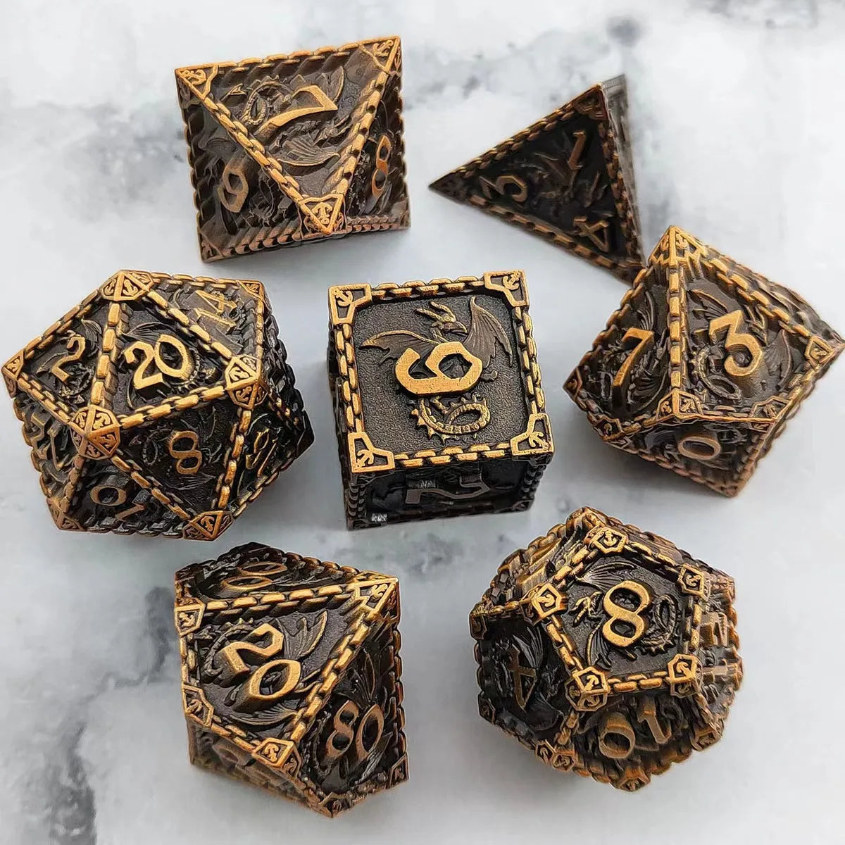 7 Pcs Cosplay D4-D20 DND Brass Gold Polyhedral Sharp Edge Casino Dice Rpg Table Board Game Tray Gem Stone Dragon Metal Steel Set