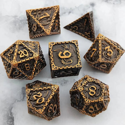 7 Pcs Cosplay D4-D20 DND Brass Gold Polyhedral Sharp Edge Casino Dice Rpg Table Board Game Tray Gem Stone Dragon Metal Steel Set