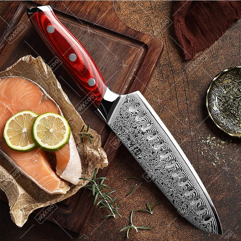 TAMZUO 7" Kitchen Santoku Knives Japanese Damascus Steel VG10 Kitchen Cooking Knife Meat Cutting Fruit Knife Wooden Handle