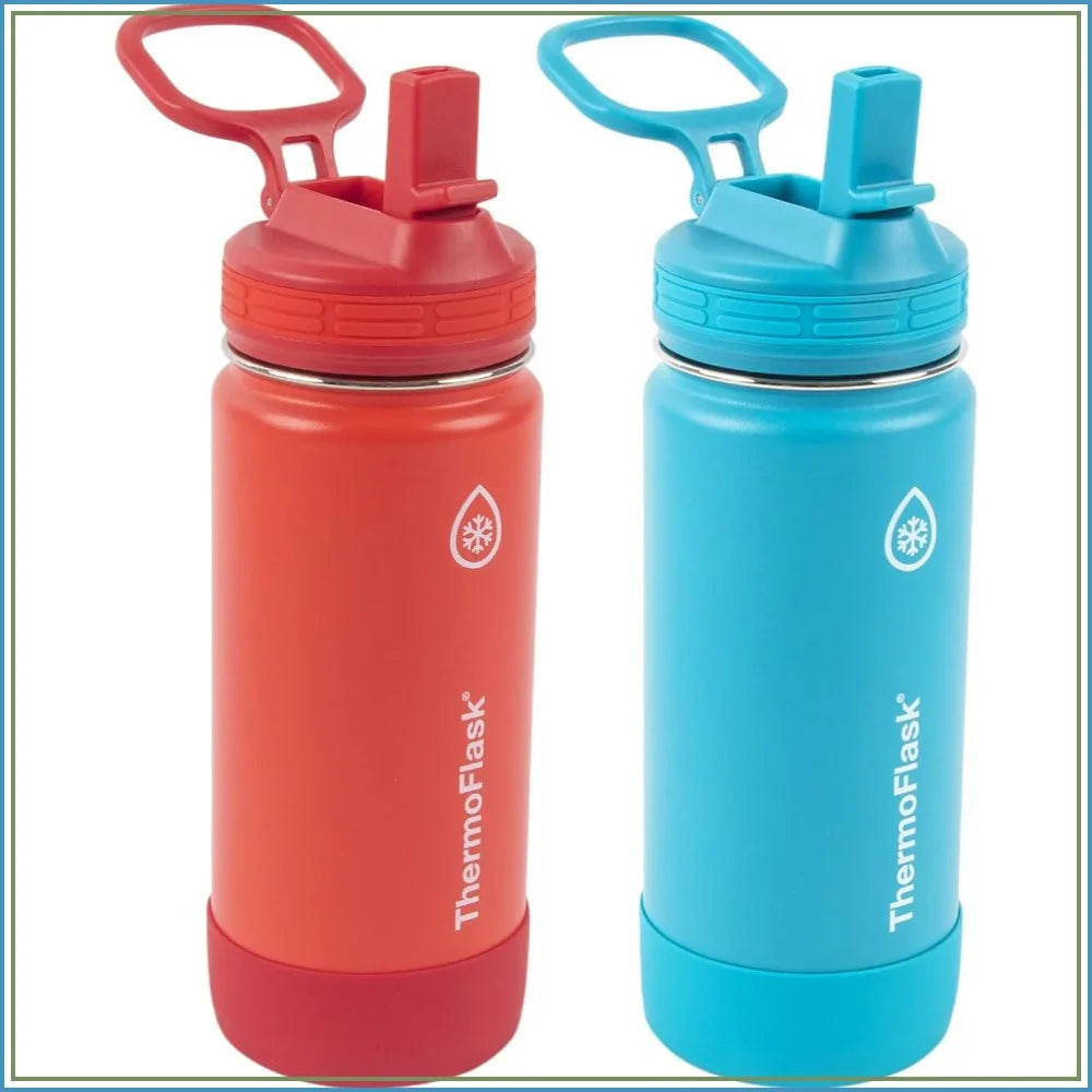 16 oz Insulated Water Bottles with Straw Lid, BPA-Free Stainless Steel, Leakproof & Spill-Proof, Easy Clean Wide Mouth 2-Pack for School, Sports, Playdates, Red/Blue