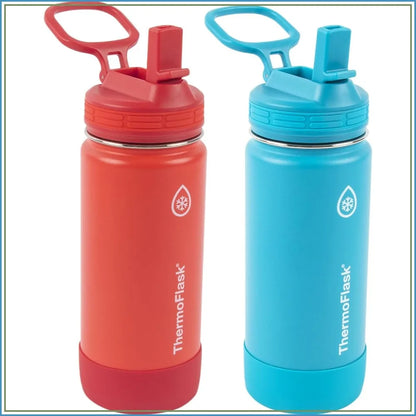 16 oz Insulated Water Bottles with Straw Lid, BPA-Free Stainless Steel, Leakproof & Spill-Proof, Easy Clean Wide Mouth 2-Pack for School, Sports, Playdates, Red/Blue