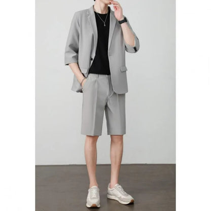 KIDWHXR Summer Men Outfit Thin Breathable Solid Color Male 2-piece Suit Set Loose Business Casual Man Short Sleeve Suits