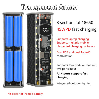 PD65W 45W Super Fast Charging DIY Power Bank Case Weld-Free 8-Cell 18650 Battery Storage Box Daul USB Type C Output