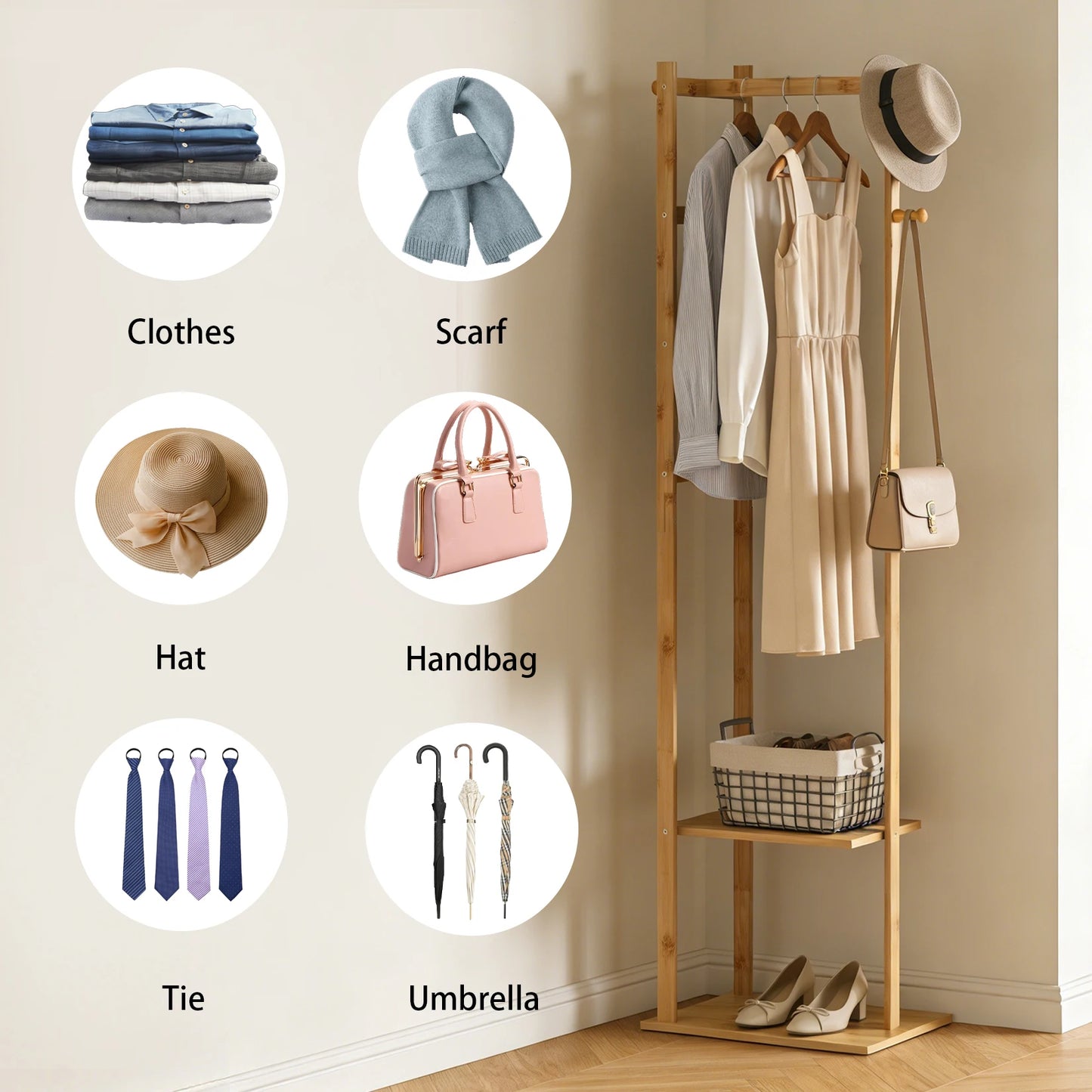 Bamboo Corner Coat Rack Stand Hall Tree Entryway Clothing Organizer Eco-Friendly Storage for Living Room Bedroom