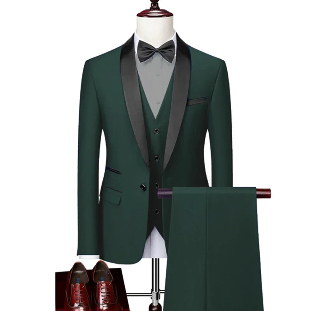 ( Jacket + Vest + Pants ) Men's 3 Piece Tuxedo Suit Set, Beige Blazer with Black Shawl Lapel for Wedding, Groom, Formal Party
