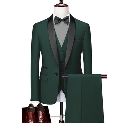 ( Jacket + Vest + Pants ) Men's 3 Piece Tuxedo Suit Set, Beige Blazer with Black Shawl Lapel for Wedding, Groom, Formal Party