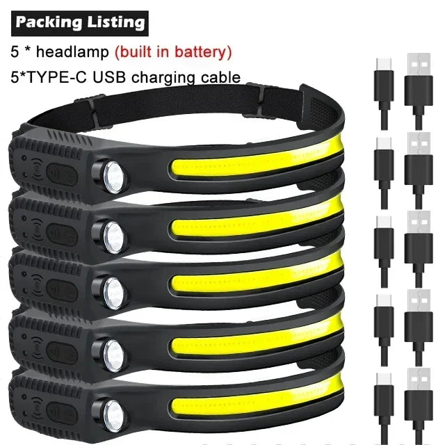Indukcyjna latarka czołowa COB LED, ładowana przez USB, z wbudowanym akumulatorem, 5 trybów świecenia, lampka do użytku zewnętrznego, awaryjnego, wędkowania