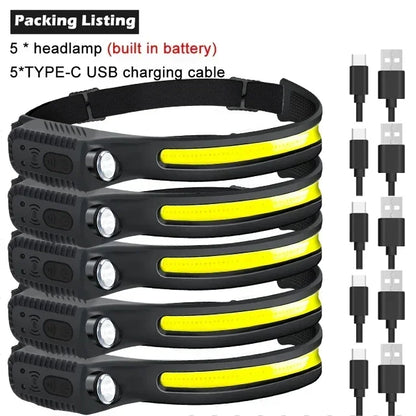 Indukcyjna latarka czołowa COB LED, ładowana przez USB, z wbudowanym akumulatorem, 5 trybów świecenia, lampka do użytku zewnętrznego, awaryjnego, wędkowania