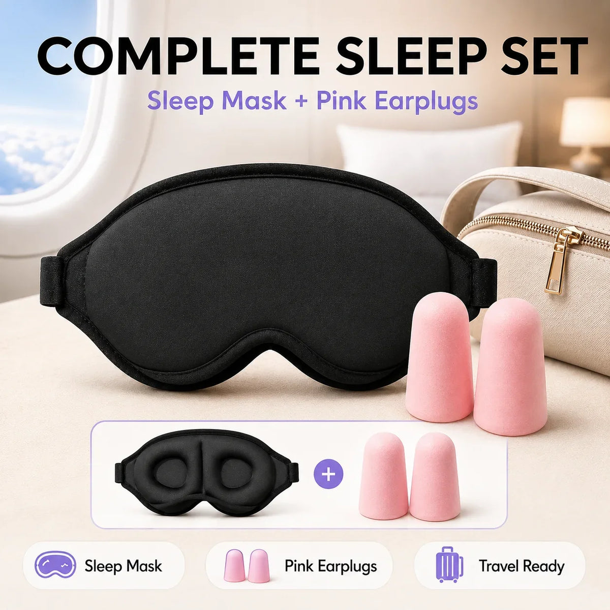 3D Contoured Sleep Eye Mask With Earplugs Zero‑Pressure Light Blocking Blindfold Adjustable Strap Soft Sleeping Mask For Travel