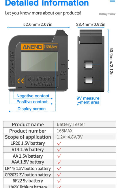 ANENG 168Max Digital Lithium Battery Tester Capacity Universal test Checkered load analyzer Display Check AAA AA Button Cell