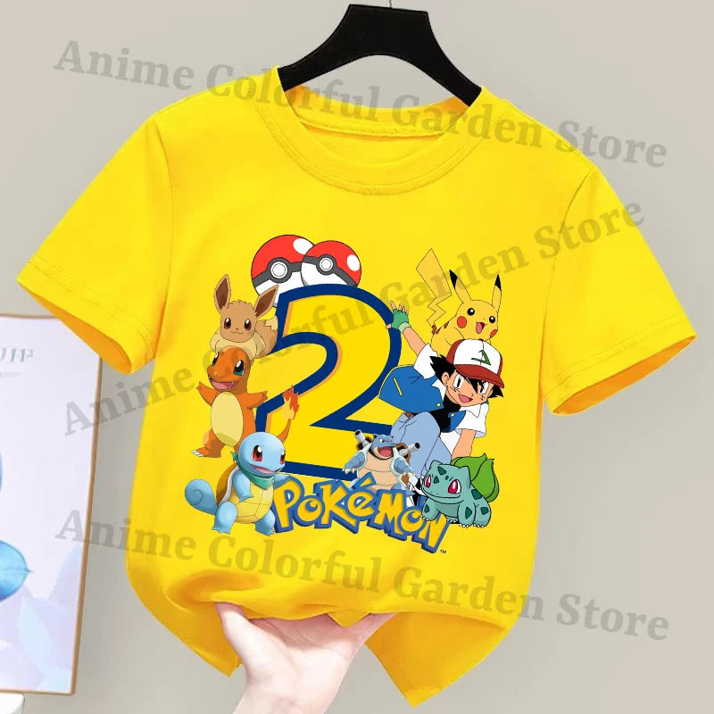 Anime Pokemons Number Printed T-shirts for Boys Girls Pikachu Cartoon Cute Short-sleeved Top Children Summer Fashion T-shirt