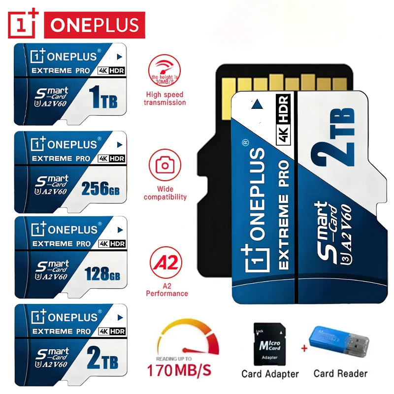 OnePlus 2TB High-Speed V30 A2 U3 4K SD Card 512GB 256GB Memory Card 1TB Micro TF SD Adapter for Smart phone/Tablet/PC Cross-Use