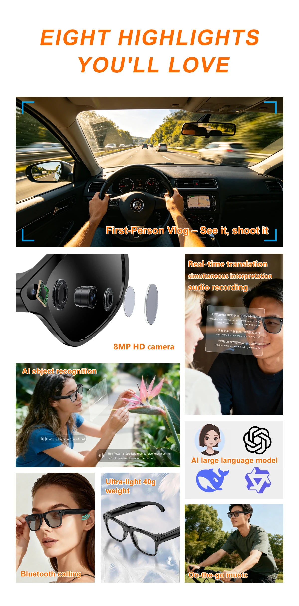 Lenovo 8KHD 2400W Upgrade Smart AI Glasses Women Men Color Changing Photo Video Voice Call Translation Motorcycle Glasses