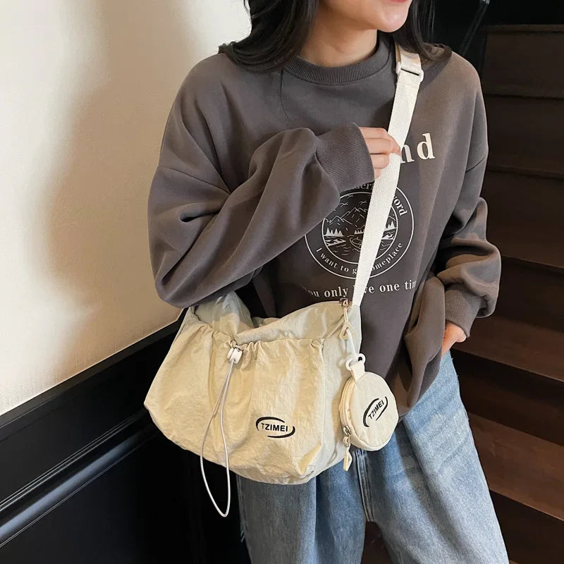 Chic Nylon Crossbody Bag Casual Drawstring Messenger Bag with Detachable Pouch, Adjustable Strap Shoulder Purse for Daily Travel