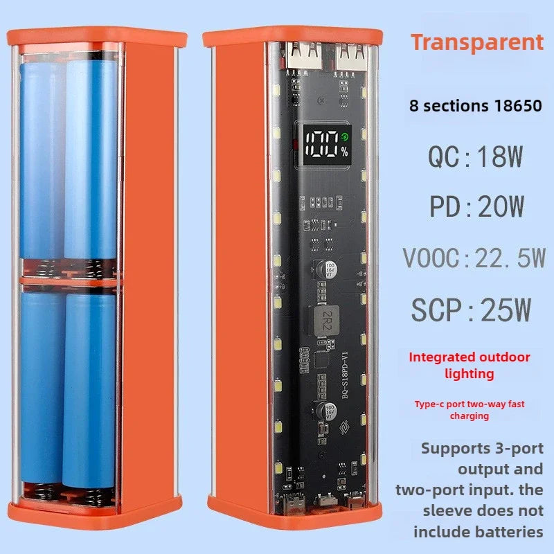 8*18650 Power Bank Case 22.5W Fast Charging USB C Battery Storage Box Transparent DIY Shell for iPhone Xiaomi Samsung