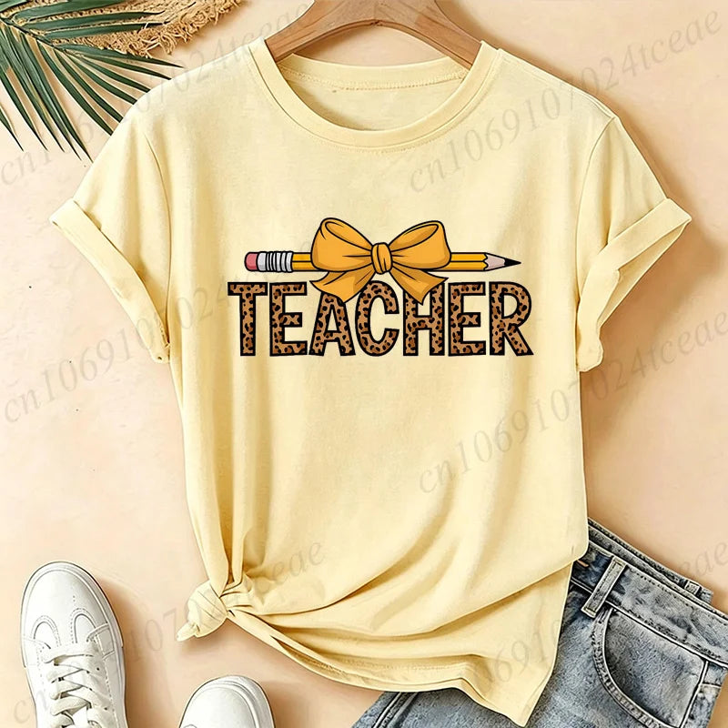 Leopard Teacher Pencil Bow Graphic T Shirt Women Teacher Appreciation Gift Casual Tops Short Sleeve Women's T-Shirts Clothing