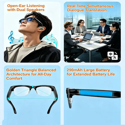 Semi-frame 1200W Pixel Camera Glasses with AI Voice Translation Smart Bluetooth Features Includes 3 Lense Travel Office