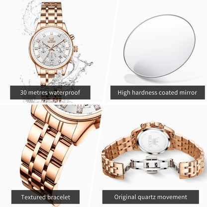 OLEVS 3669 Original Chronograph Quartz Wristwatch for Lady Calendar Waterproof Steel Strap Elegant Dress Women's Watches