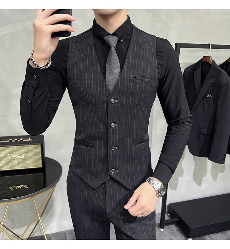 Slim Fit Double-breasted Striped Suit Vest Trousers 3-Piece Set Korean Fashion M-7XL Men's Fashionable Striped Three-piece Suit