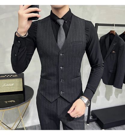 Slim Fit Double-breasted Striped Suit Vest Trousers 3-Piece Set Korean Fashion M-7XL Men's Fashionable Striped Three-piece Suit