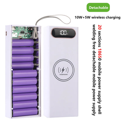 20*18650 Detachable Power Bank Case 22.5W PD QC3.0 Quick Wireless Charging DIY Shell With LED Lighting 18650 Battery Storage Box